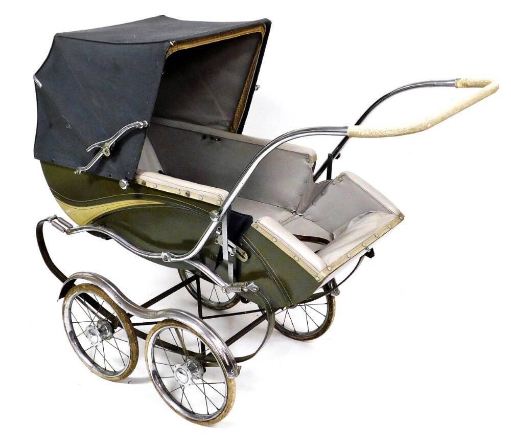 A vintage Montford pram with adjustable canopy in light blue and a green and cream metal