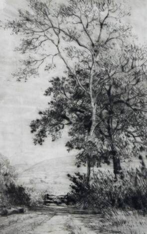 Tom Whitehead (1886-1959). Path before gate, hill and trees, etching, signed, 16cm x 10cm.