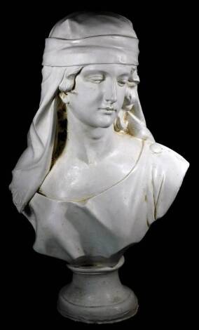 A 20thC plaster figural bust, quarter profile in elaborate headdress on oval plinth base, unsigned, 62cm high.