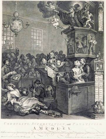 After Hogarth. Credulity, Superstition, Fanaticism, a medley print, 48cm x 35cm.