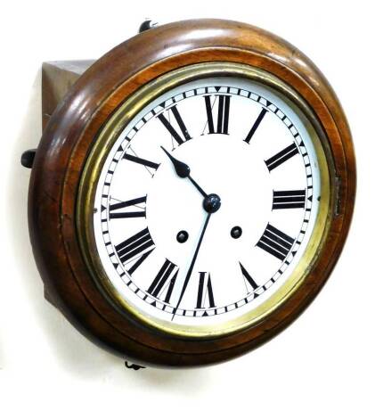 An early 20thC mahogany cased wall clock, of small proportion, the 18cm diameter Roman numeric dial, fitted in a plain mahogany case with eight day pendulum swung movement, with two keys and pendulum, 28cm high.