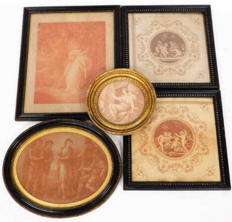 Various 19thC frames, a circular gilt example, 24cm diameter, containing a quantity of red print pictures, after Bartolozzi cherubs, and other similar, various other frames, Hogarth style, etc. (a quantity)