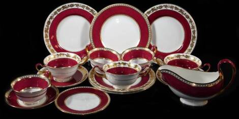 A Whitehall pattern bone china part service, to include sauce boat, 13cm high, soup bowls, stands, printed marks beneath, etc. (a quantity)