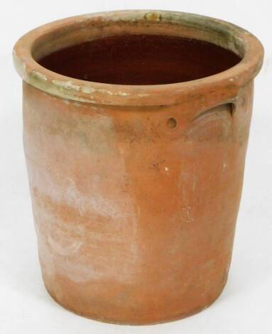 A terracotta pot, of cylindrical form, glazed to the interior, 38cm high, 37cm diameter.