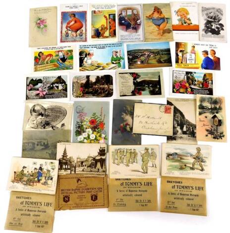 Various postcards, sketches of Tommy's Life sets, in four paper slips, various Continental and other Seaside humour cards, other early 20thC postcards, etc. (a quantity)