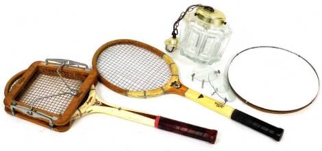 Various vintage tennis racquets, Slazenger, with stretcher, 64cm high, etc., glass light shade with metal fitting and a circular mirror. (a quantity)