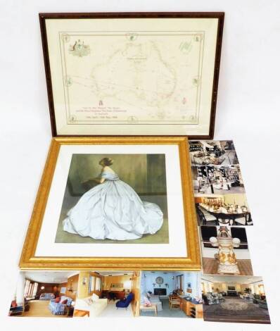 A Hydrographic Department map, in conjunction with a visit of Her Majesty The Queen and His Royal Highness The Duke Of Edinburgh to Australia 19th April - 10th May 1988, glazed and framed, 60cm x 85cm, various official photographs associated, and a gilt w