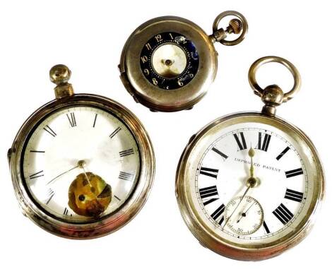 A Victorian silver open faced pocket watch, with 4.5cm diameter dial, 6cm diameter case and plain ring top, partially engine turned with a vacant shield cartouche with a Roman numeric dial and subsidiary Arabic second hand, Chester 1896, and two further w