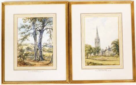 Charles Bethell Otley (1792-1867). Grantham Church, watercolour, attributed to the mount, 37cm x 26cm, and another Denton Hall. (2)