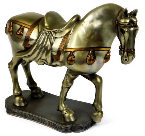 A Chinese Tang design metal figure of a horse, in standing pose on a shaped base with Greek key design border, unsigned, 31cm high. (AF)