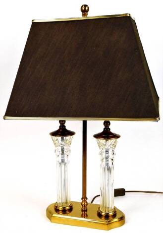 A Waterford style crystal glass and brass table lamp, with shade on turned stem and shaped base, unmarked, 68cm high.