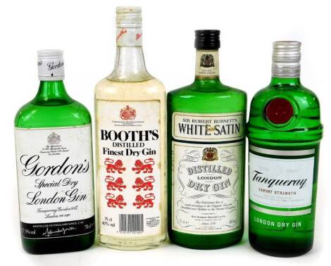 Various alcohol, gin, Tanqueray Export strength 70cl, Booths, White Satin, etc. (4)