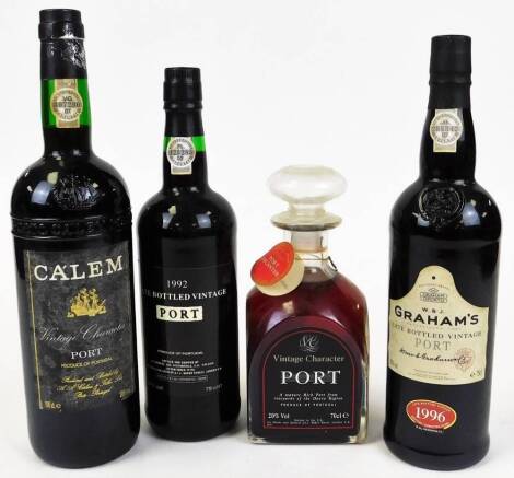 Various alcohol, port, Graham's 1996 75cl, vintage character port, 1992 lace bottle vintage port, a bottle of Calem, etc. (4)