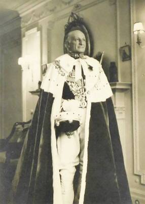 India interest, a black and white photograph of Lord Hailey in formal dress, 21cm x 16cm, in a plain frame with elephant emblem marked silver, with oak easel back, hand written Governor of the Punjab Indian to the back. - 2