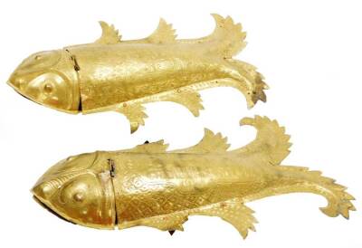 India interest. Two gilt washed presentation fishes, with articulated mouths, presented 1924 by the villages of small town communities in the Punjab to Lord Hailey, 40cm wide. (2)