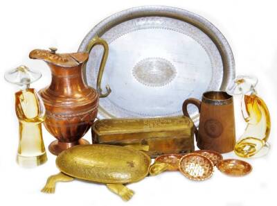 A gilt washed metal presentation casket, presented by The District Board Gurgaon 1924, probably to Lord Hailey, shaped form. 25cm wide and a further presentation turtle (AF), oval tray other Eastern metal ware, jug, two amber and clear glass Oriental figu