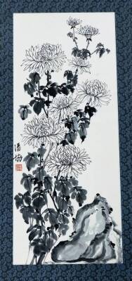 A Chinese picture. Flowers, wash, with seal marks, on paper, on a material ground, 58cm x 30cm, and various others. (a quantity) - 3