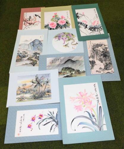 A Chinese picture. Flowering shrubs, wash, on paper on material ground with seal marks, 45cm x 52cm, and various others. (a quantity)