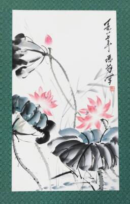 A Chinese picture. Flowering shrubs, wash, on paper on material ground with seal marks, 45cm x 52cm, and various others. (a quantity) - 7