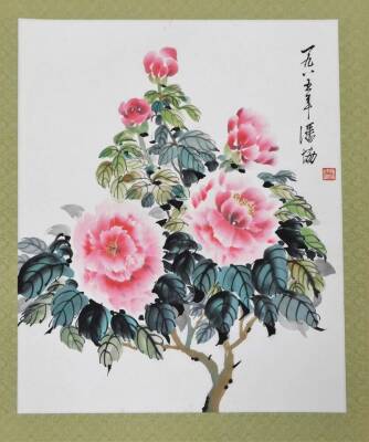 A Chinese picture. Flowering shrubs, wash, on paper on material ground with seal marks, 45cm x 52cm, and various others. (a quantity) - 11