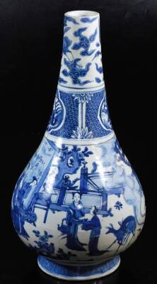 A Chinese Kraak blue and white bottle vase, of globular form with cylindrical stem, decorated with panels and figures before fence, trees and clouds, on a circular foot with a lower Greek key design border, raised on a deep foot, unmarked, 43cm high. (AF) - 4