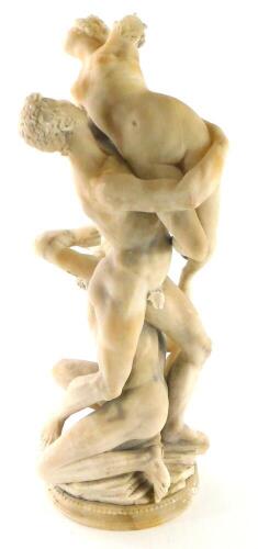 A 19thC Grand Tour type alabaster sculpture, carved in the form of two near classical gentlemen and a lady embracing, on a stylised rock space, incomplete (AF), 56cm high.