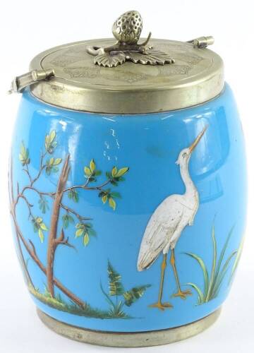 A Victorian blue opaque glass biscuit barrel in aesthetic style, decorated with trees, leaves, stalks, etc., the silver plated mounts engraved and cast with a strawberry, knop, 18cm high.