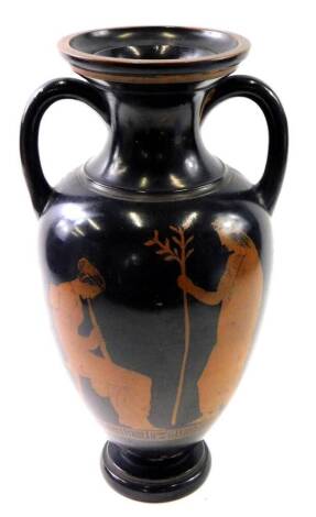 A 19thC terracotta Etruscan revival two handled vase, decorated with figures above a Greek key band, on a black ground, possibly Dillwyn, unmarked (AF), 36cm high.