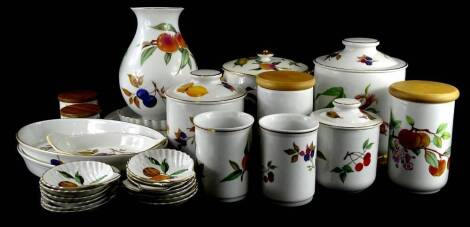 A large quantity of Royal Worcester Evesham porcelain, to include a large vase, large storage or biscuit barrel, other storage jars, etc.