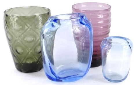 Four items of Art glass, to include a large blue shouldered vase, 21cm high, etc.