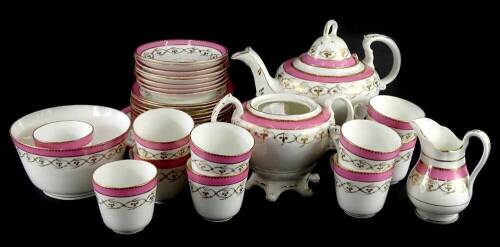 A 19thC porcelain part tea service, decorated with bands in pink and gilt, unmarked.