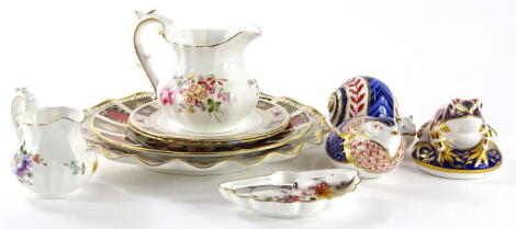 A Royal Crown Derby Imari pattern snail paperweight, silver button to underside, a similar partridge (lacking button), and Imari pattern plate and various items of Derby Posies, etc.