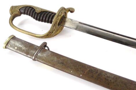 An Imperial Japanese officers sword, with curved blade and scabbard, composition handle and pierced engraved and cast guard, 94cm long.