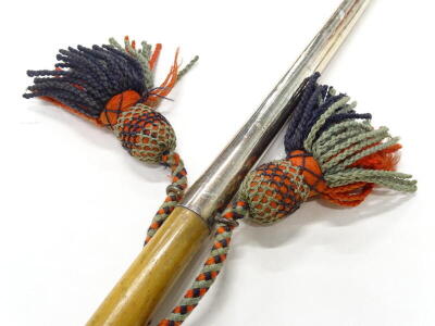 A Victorian parade baton, with silver plated spherical mount, applied with a lion and with band of leaves, etc, lacquer, mounted on lacquer shaft, tapering base, mounted with a coloured rope, 158cm long overall. - 3