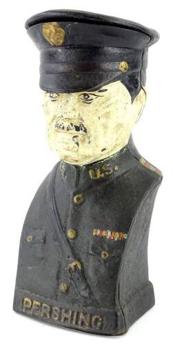 A cast iron money box, modelled in the form of General Pershing, 19.5cm high.