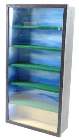 An ebonised and glazed display case, with felt lined shelves and blue stylised sky, painted to the backboard's, 62cm x 33cm.