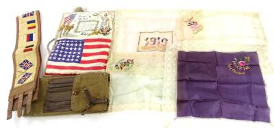 An embroidered US Army First World War ladies bag, various French First World War souvenir silk handkerchiefs, a British and Allies leather and woven belt, etc.