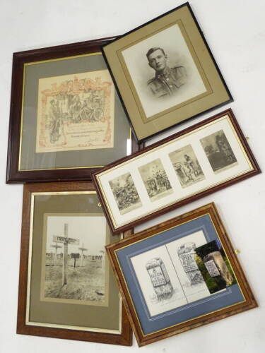 A set of four First World War related postcards, after Bruce Bairnsfather, in common frame, a print of a sign detailing 130 miles to Ypres, a citation from George V awarded to a Private Alfred Burdew of the Duke of Edinburgh's Wiltshire Regiment, who serv