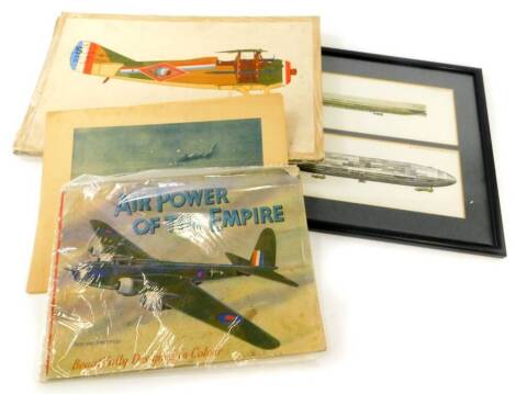 A collection of RAF First World War related identification prints, a copy of Air Power the Empire showing the Boeing Fortress, other aviation prints to include two reproduction Zeppelin prints in the same frame for 1914 & 1916.