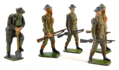 A set of five Britains First World War lead soldiers, to include a rare digging figure, (5).