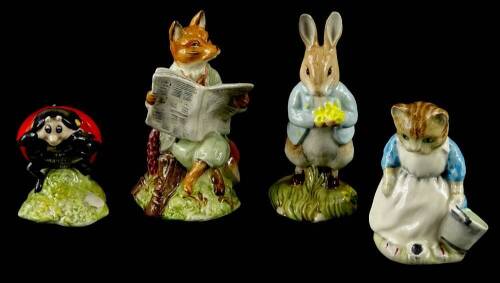Four Royal Albert Beatrix Potter figures, Mother Ladybird, Foxy Reading, Rabbity and the Patty Pan and Peter with Daffodils (all boxed).