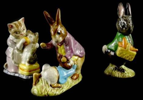 Three Beswick Beatrix Potter figures, Tabitha Twitchit and Miss Moppet, Little Black Rabbit, Mr Benjamin Bunny and Peter Rabbit, all brown backstamp.