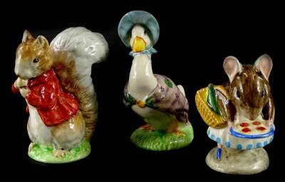 Three Beswick Beatrix Potter figures, Jemima Puddleduck, Timmy Tiptoes and Appley Dapply, all brown backstamp.