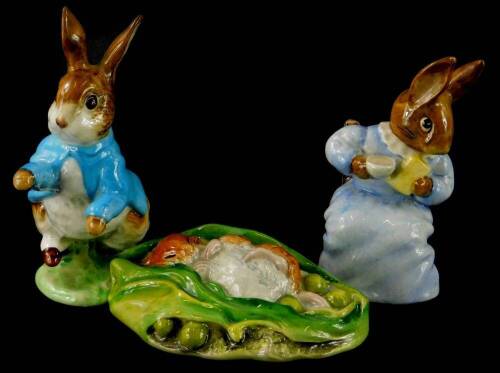 Three Beswick Beatrix Potter figures, Cottontail, Timmy Willie Sleeping and Peter Rabbit, all brown backstamp.