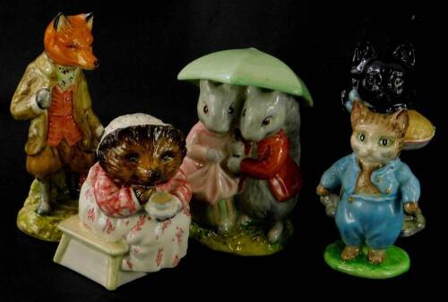 Five Beswick Beatrix Potter figures, Goody and Timmy Tiptoes, Mrs Tiggy-Winkle makes Tea, Tom Kitten, Duchess and Mr Todd, all brown backstamp, with associated boxes.