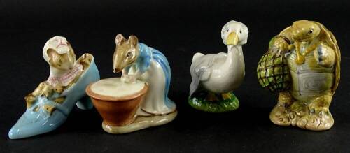 Four Beswick Beatrix Potter figures, Mr Older Man Ptolemy, Rebecca Puddle-duck, Anna Maria and The Old Woman who Lived in a Shoe, all brown backstamp.