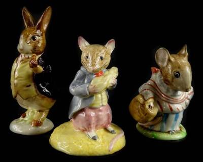 Three Beswick Beatrix Potter figures, Mr Benjamin Bunny, Mrs Tittlemouse and Town Mouse Eating Corn, two older backstamp, one more recent and associated boxes.