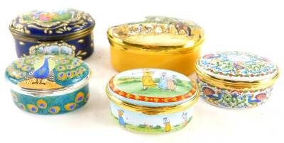 Five Staffordshire oval enamel boxes, to include an historic Charlton foundation example, one decorated with a rural harvesting scene, one for 1998, etc.