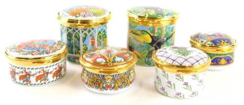 A collection of modern Staffordshire enamel boxes, to include toucans.