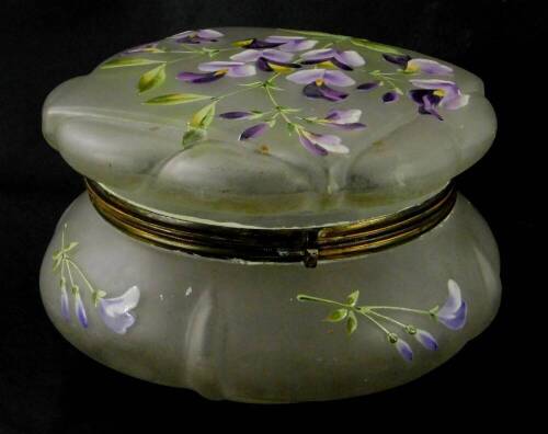 A late 19th/early 20thC white frosted glass box and cover, decorated with purple flowers, and leaves etc., 14cm diameter.